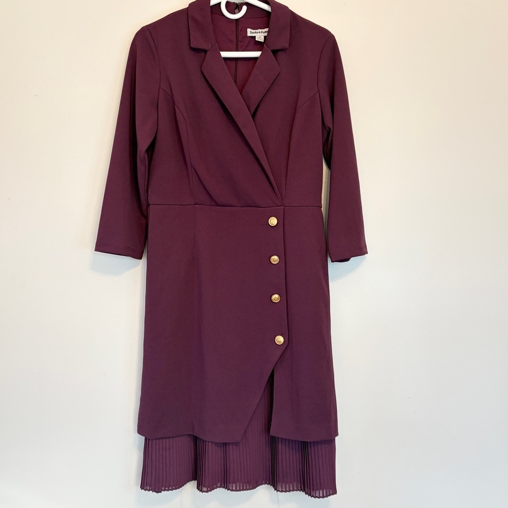 Shelby & Palmer Deep Plum Wrap-Style Dress with Gold Buttons